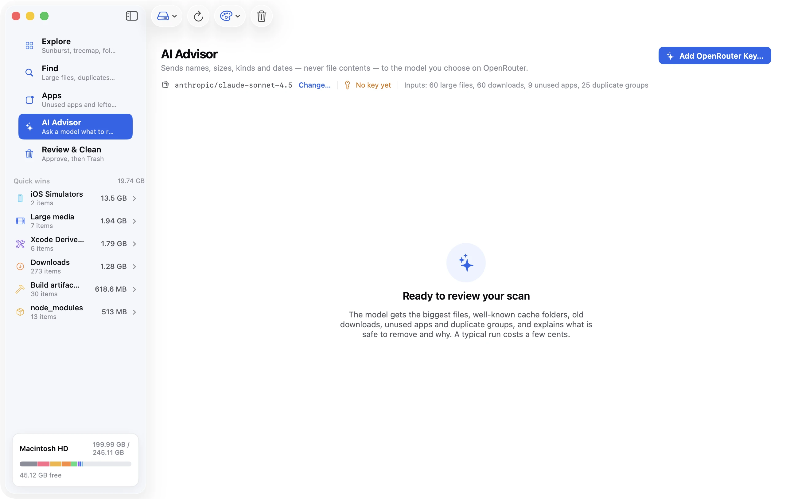 Disk Clean AI's AI Advisor suggesting what to clean, with every item waiting for approval.