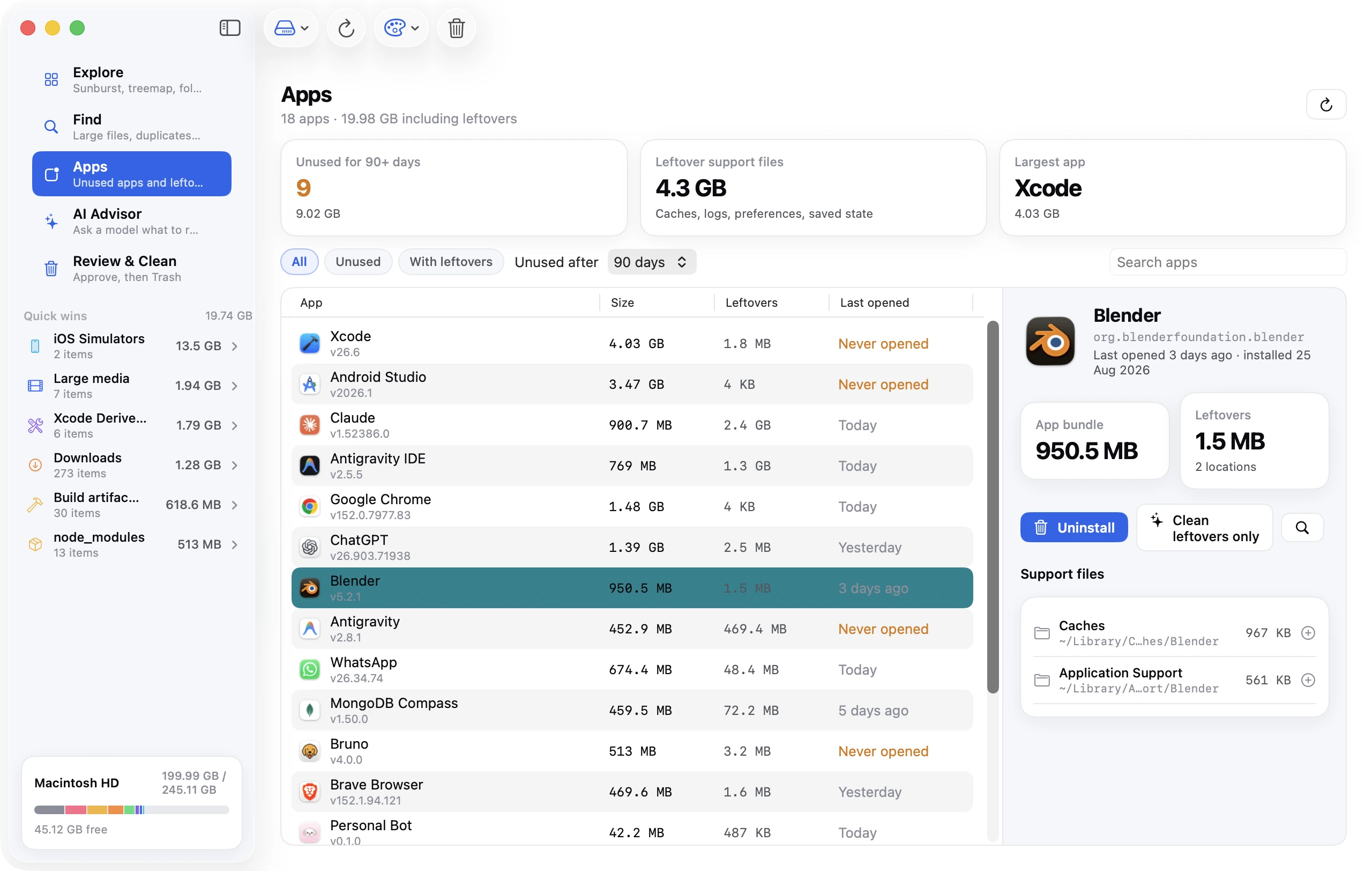 Disk Clean AI's Apps view listing installed applications with size and last-used date.