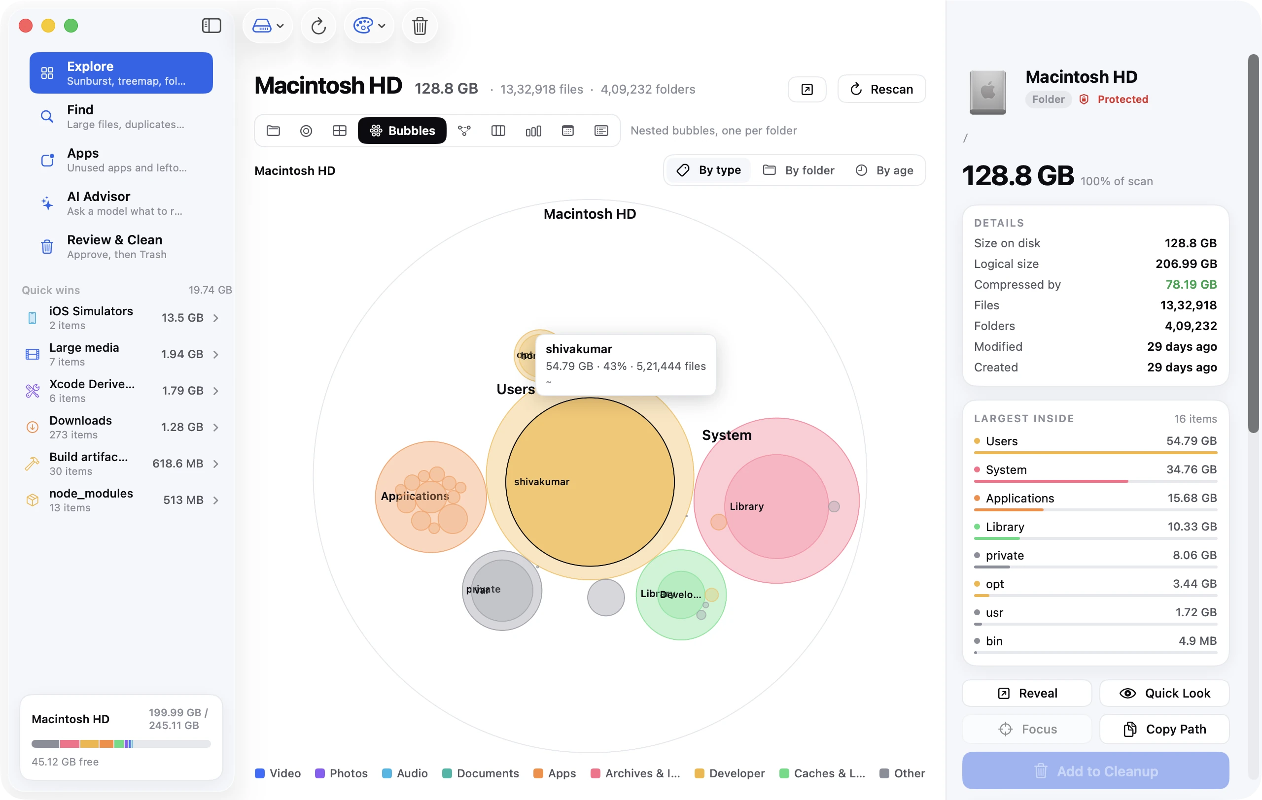 Bubble chart in Disk Clean AI where each circle is a folder sized by its contents, with a large Messages attachments bubble.