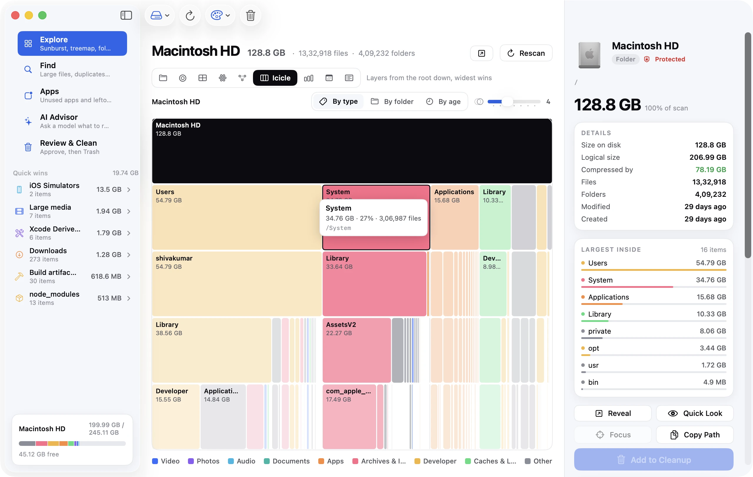 Icicle chart of a Mac's startup disk in Disk Clean AI, with hidden system and snapshot data shown as stacked layers.