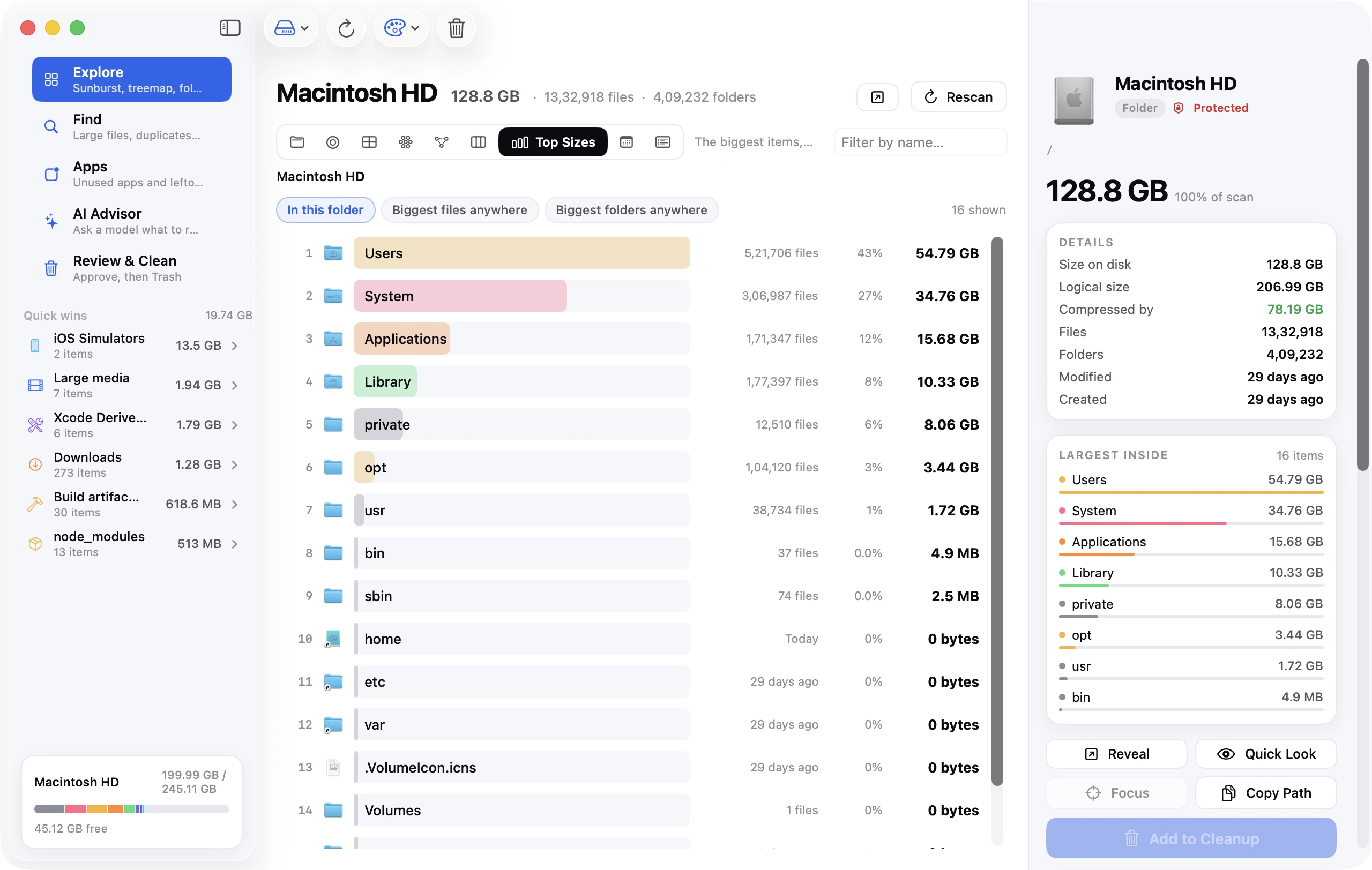 Disk Clean AI's Top Sizes view ranking the largest folders on a Mac with sizes and percentages.