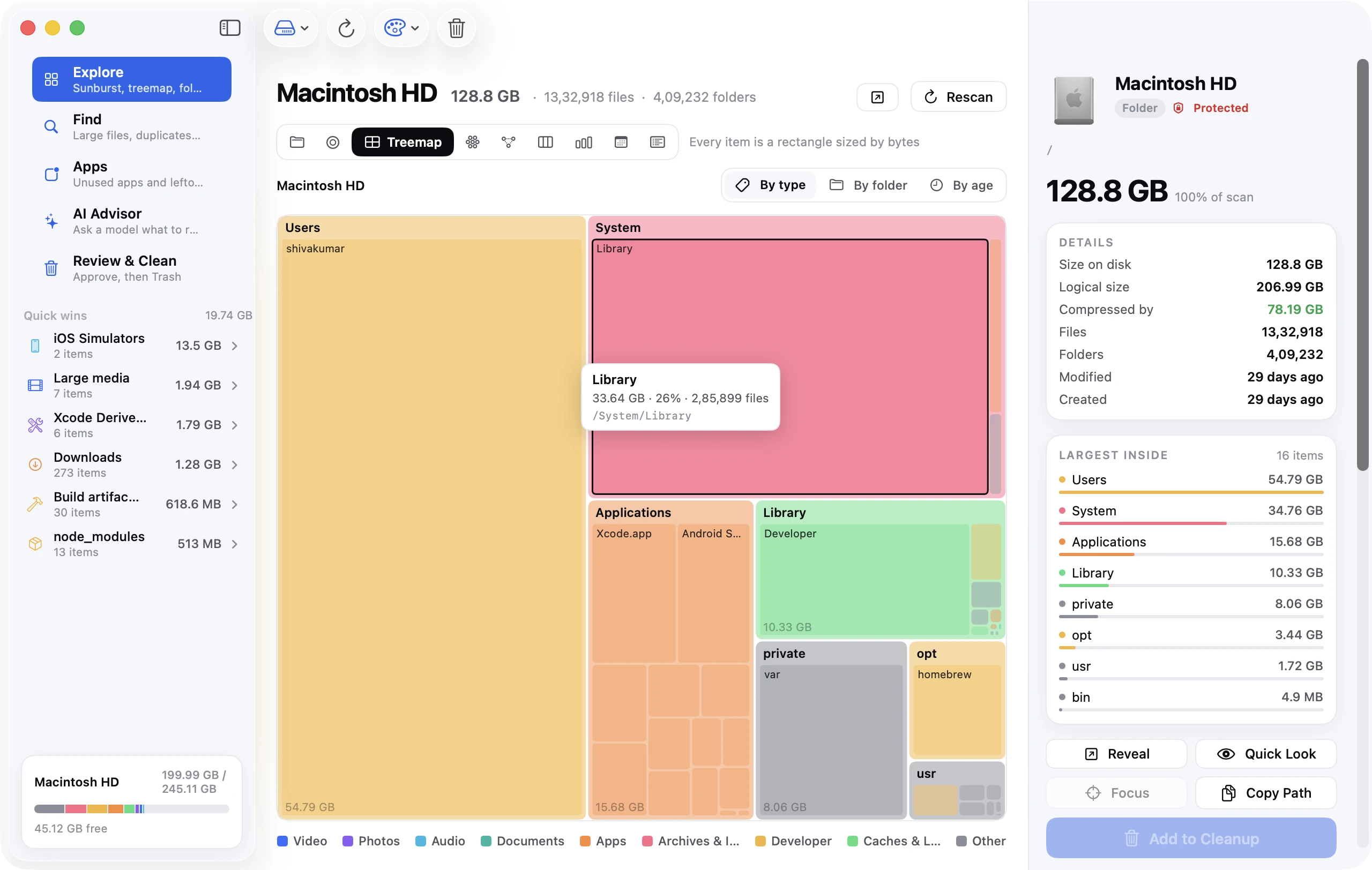 Treemap of a developer's home folder dominated by Xcode DerivedData, Docker and node_modules directories.