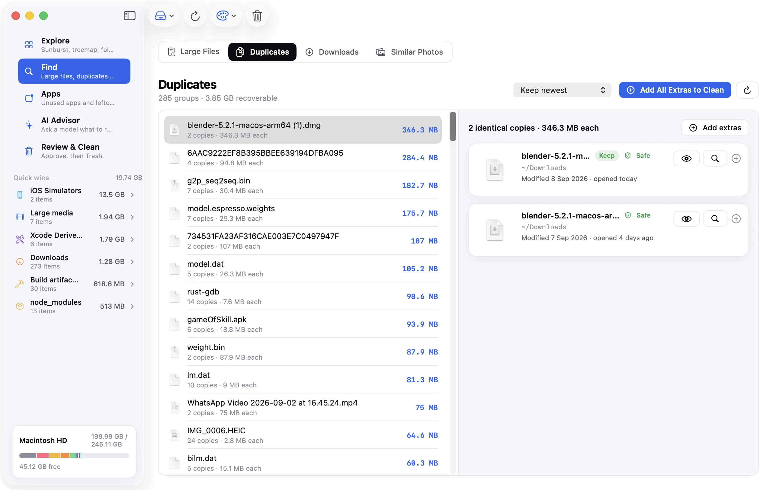 Disk Clean AI's duplicate finder grouping identical files by content hash with one copy kept.