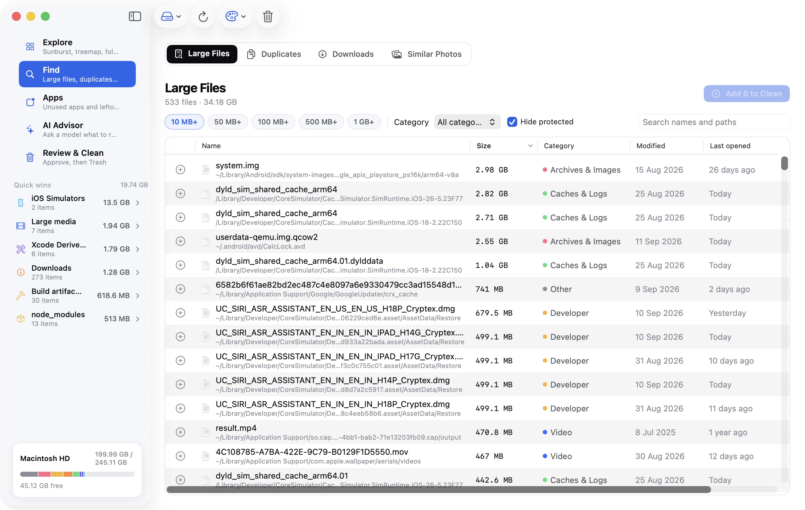 Disk Clean AI's Find Large Files tool listing the biggest files on a Mac, sorted by size.