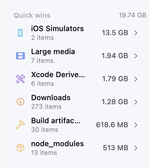 Disk Clean AI's Quick Wins view listing safe, large cleanup targets on a Mac with their sizes.