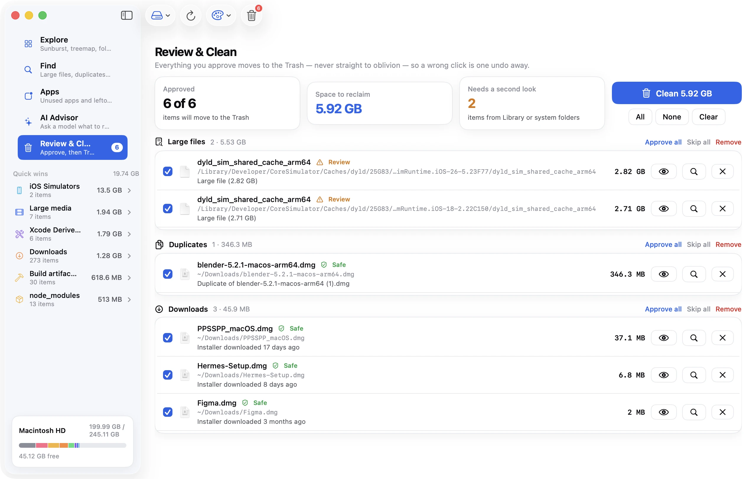 Disk Clean AI's review step showing cache folders selected for removal with a total size.